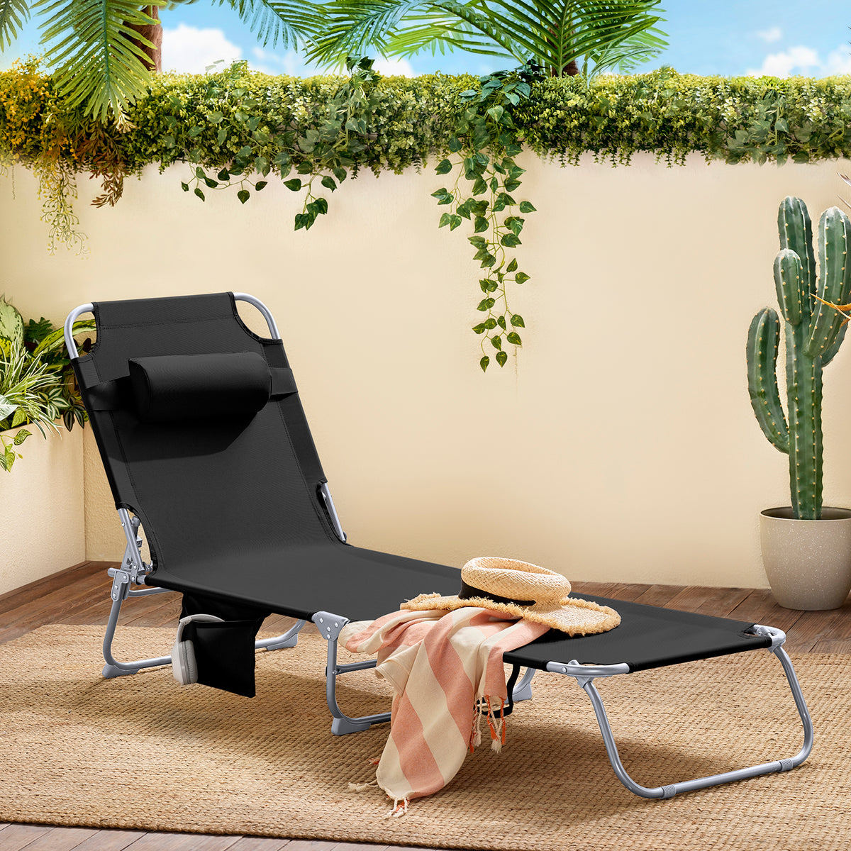 SoBuy OGS35-SCH Transat de Jardin Pliable avec Oreiller et Poche Latérale, Chaise Longue Relax, Confortable, Design Fonctionnel – L155×P56×H81 cm, Noir