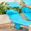 SoBuy OGS48-Bx2 Lot de 2 Transat Jardin Extérieur Pliable Bain de Soleil avec Oreiller Chaise Longue avec Pare-Soleil et Poche Latérale Mobilier de Jardin pour Terrasse Piscine Bleu ciel 155x56x81cm