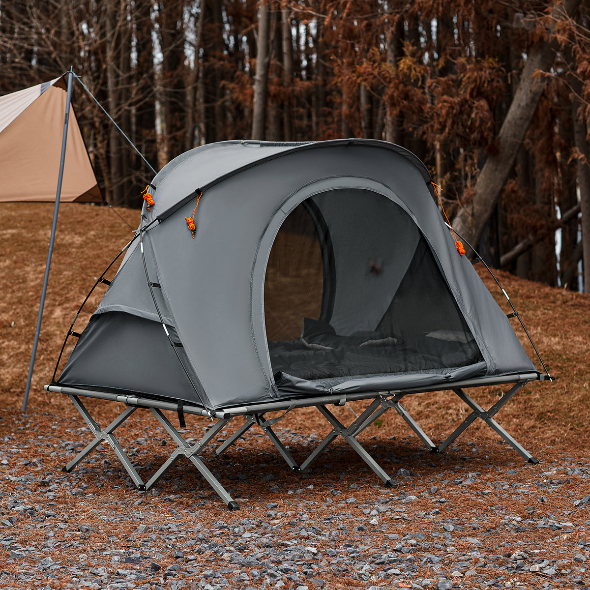 SoBuy OGS60-L-HG Lit de Camping 2 Personnes 3 en 1 – Toit Anti-UV, Matelas Gonflable Intégré, Charge 300 kg, Sac à Roulettes, Gris
