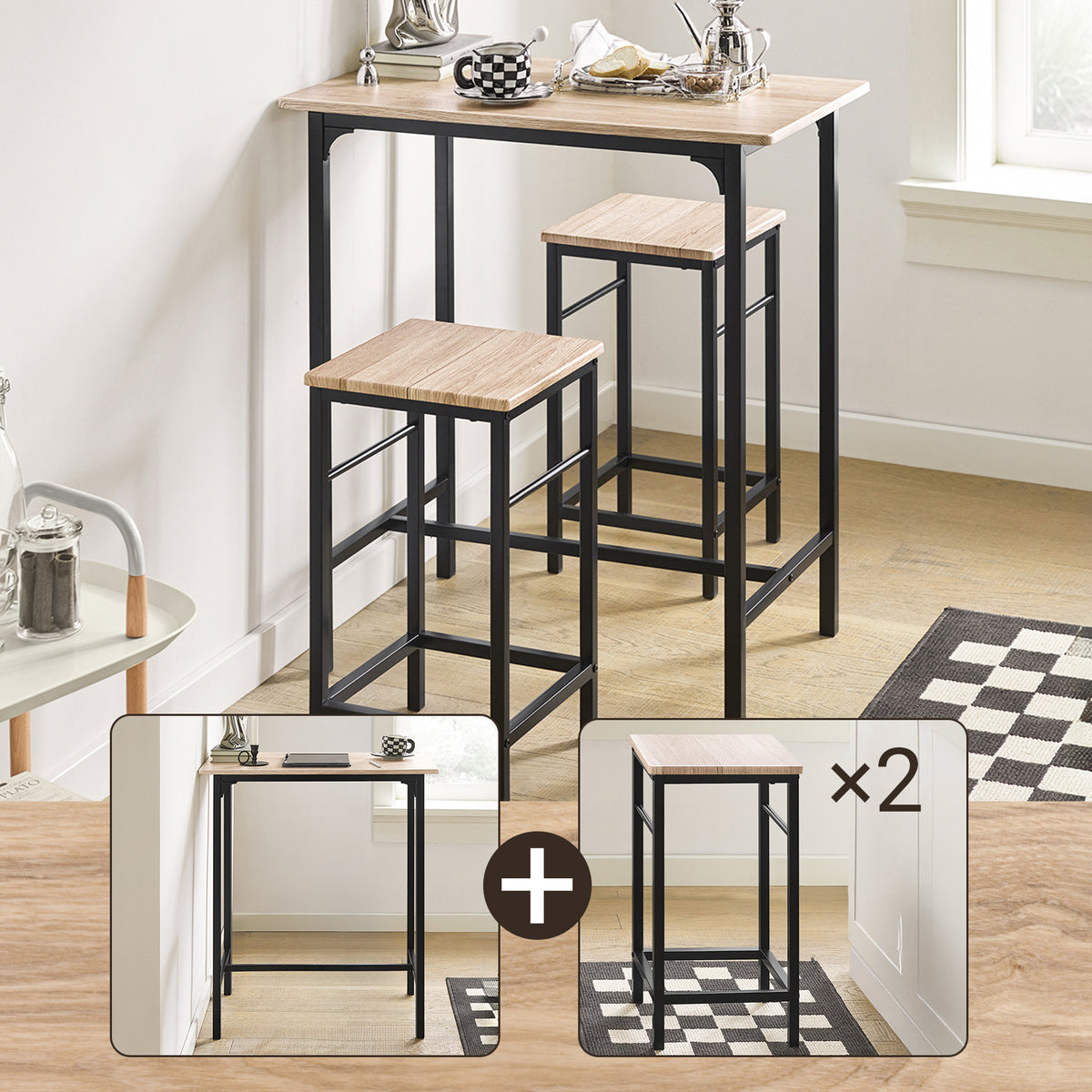 SoBuy OGT10-N Ensemble Table Haute + 2 Tabourets avec Repose-Pieds – L80 × P50 × H87 cm, Naturel