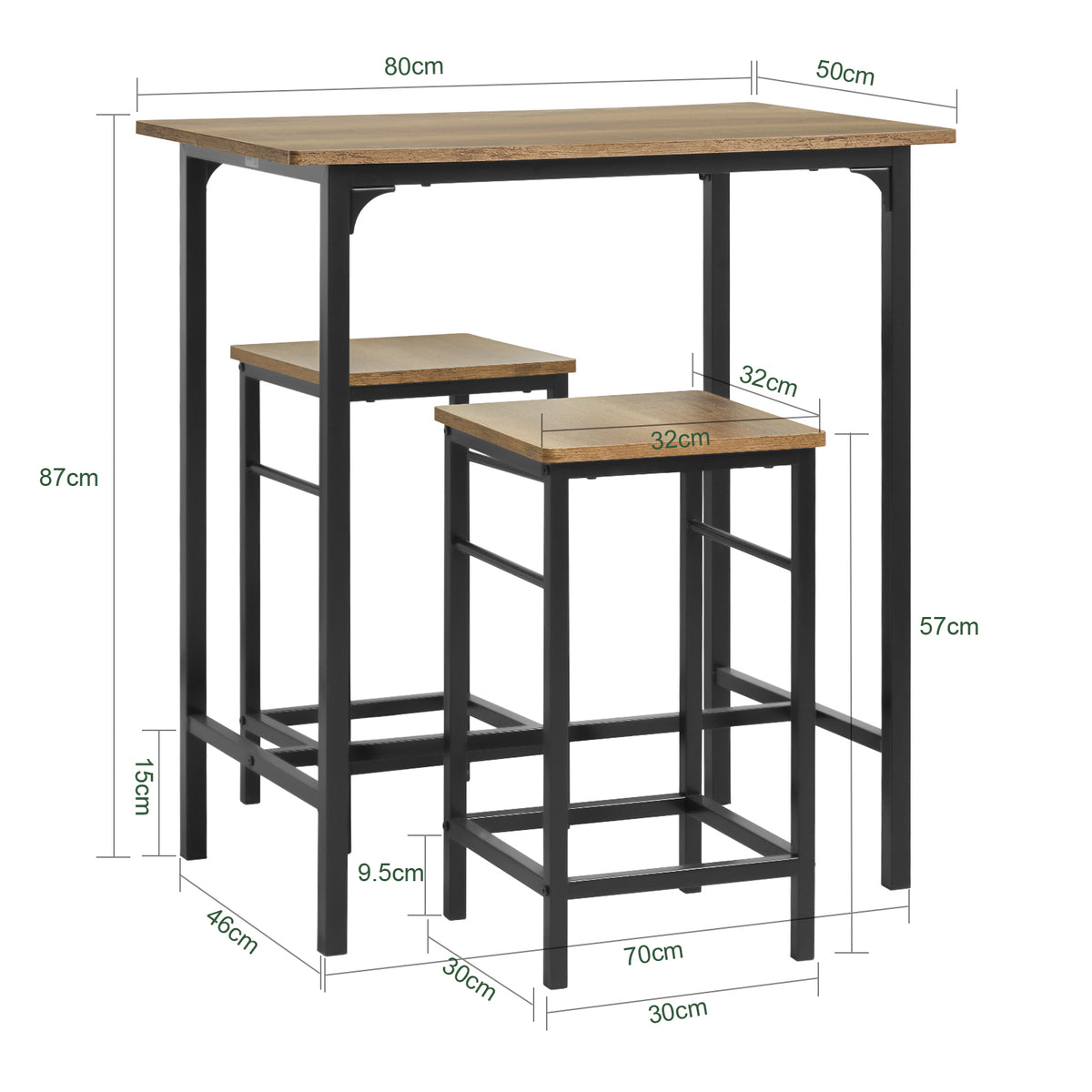 SoBuy OGT10-PF Lot Table et 2 Tabourets Ensemble Table de Bar Bistrot + 2 Chaises de Bar avec Repose-Pieds Table Haute Cuisine