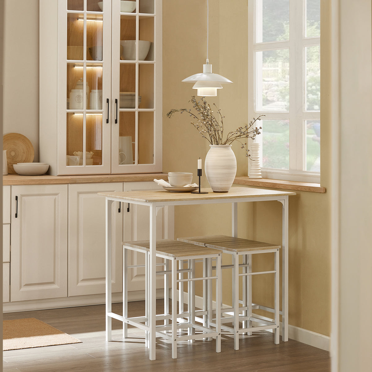 SoBuy OGT11-WN Table Haute avec 4 Tabourets – Mange-Debout Industriel 100×60 cm, Blanc/Naturel