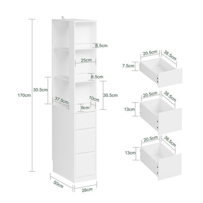 SoBuy STR15-W Étagère Blanche 4 Niveaux avec 3 Tiroirs – Meuble de Rangement Gain de Place pour Salon, Chambre, Cuisine ou Bureau, Bibliothèque Haute d'Angle 28 cm – 28×50×170 cm, Charge 58 kg