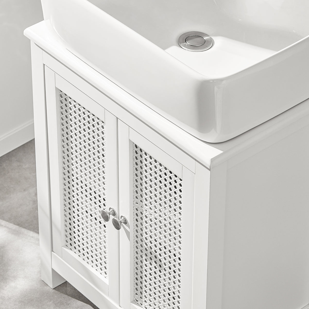 SoBuy BZR35-W Meuble sous Lavabo Salle de Bain Meuble Lavabo avec 2 Portes et Étagère Petit Meuble Salle de Bain avec Panneaux en Treillis pour Vasque ou Lavabo Blanc 50x60x33 cm