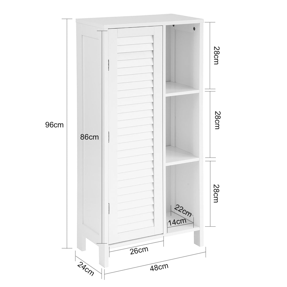 SoBuy BZR39-W Meuble de Salle de Bain Haut – Armoire de Salle de Bain Étroit avec Porte Lamellée et 3 Étagères – Placard de Rangement pour Cuisine, Toilette, Blanc, 48 x 96 x 24cm