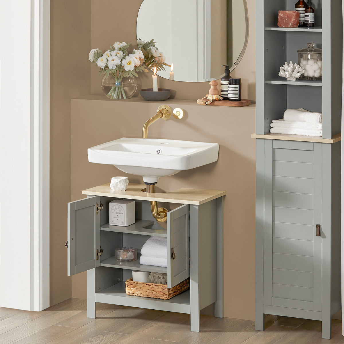 SoBuy BZR69-HG Meuble sous Lavabo, Meuble sous Vasque, Meuble de Salle de Bain, Placard de Rangement, Armoire Salle de Bain