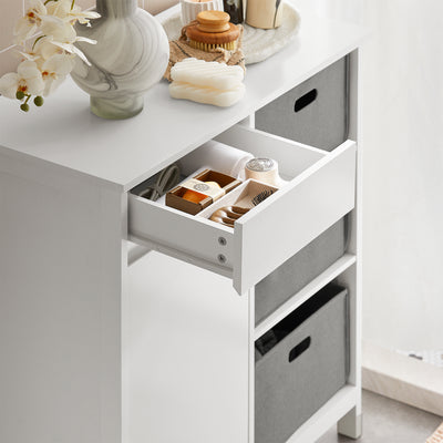 SoBuy BZR77-W Meuble de Salle de Bain avec Paniers à Linge, Armoire à Linge avec 3 Paniers et Tiroir, Armoire de Salle de Bain en Bois, Corbeille à Linge, Blanc, 80x91x38cm