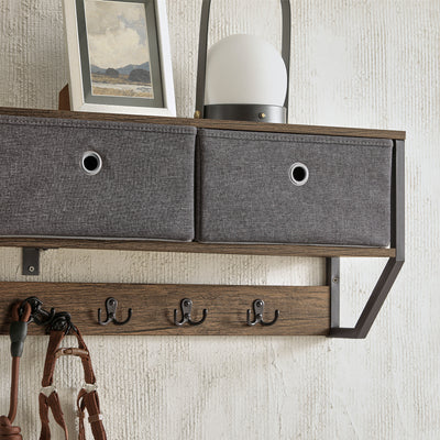 SoBuy FHK26-N Portemanteau Mural Meuble d’Entrée Vestiaire Portant à Vêtements Étagère Murale avec 3 Paniers et 7 Crochets Doubles, Style Industriel 100x20x30 cm