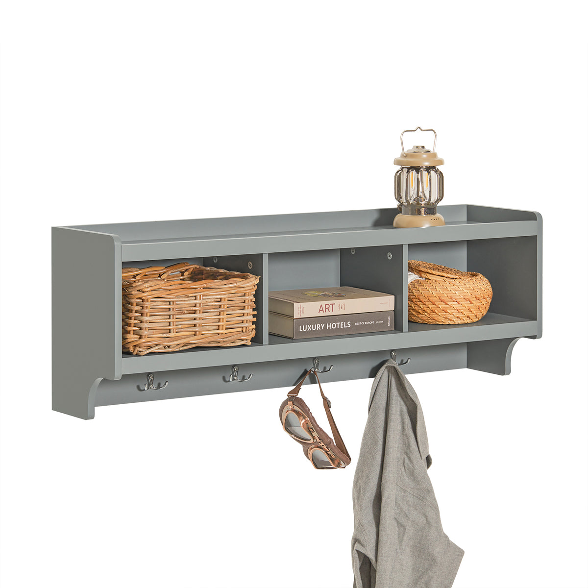 SoBuy FHK28-HG Porte Manteau Mural, Étagère de Rangement, Meuble Entrée, Vestiaire avec 3 Compartiments et 4 Crochets Doubles