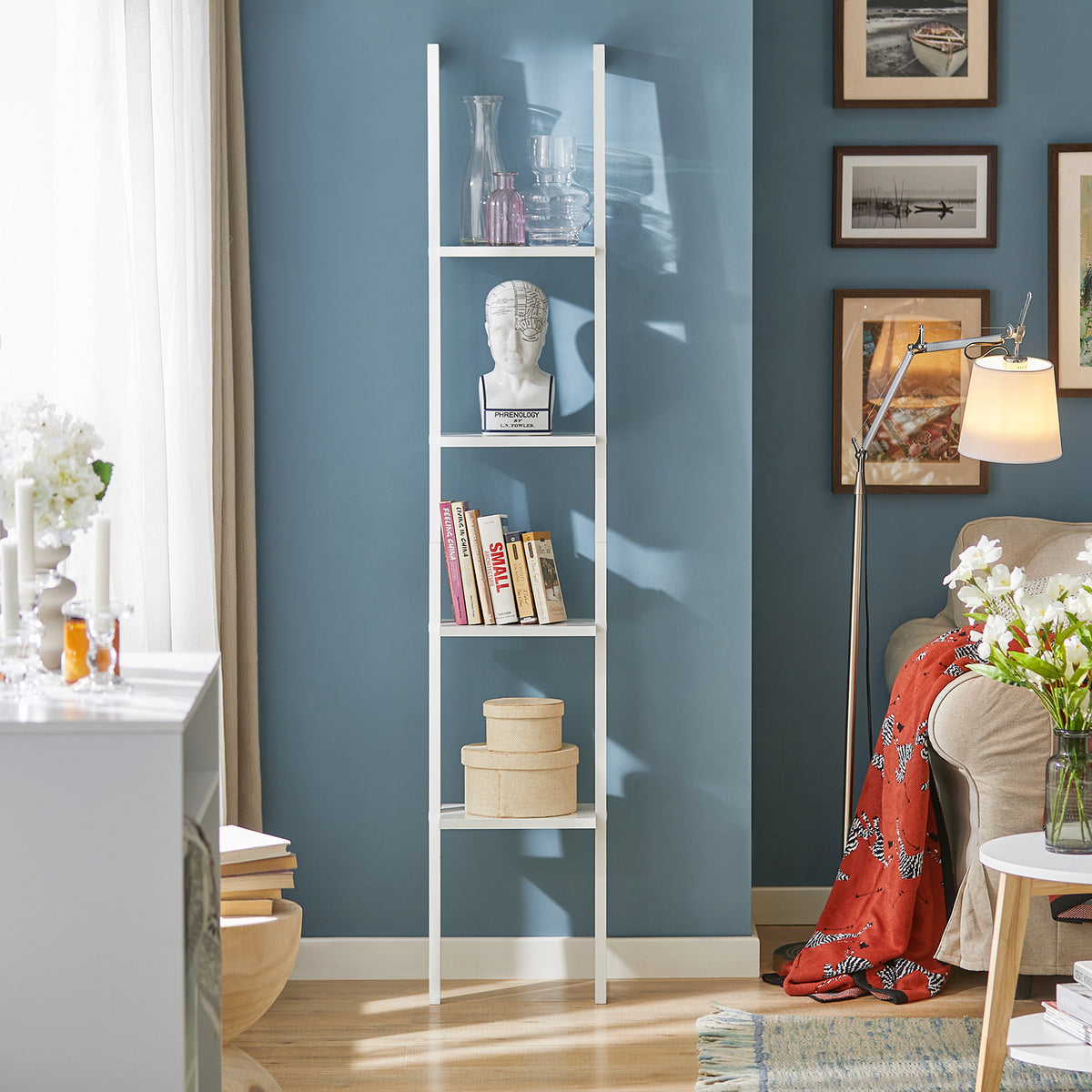 SoBuy FRG15-W Bibliothèque Étagère Murale Style échelle, Étagère échelle 4 Niveaux- Blanc 33 x 180 cm
