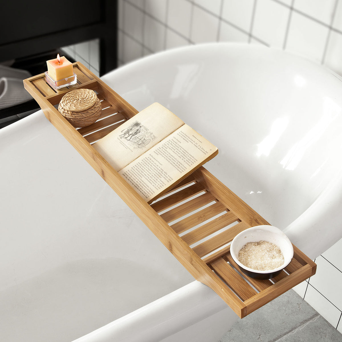SoBuy FRG212-N Plateau de Baignoire Extra Long et Verni avec Support Verre à Vin et Bougie, Design Fonctionnel, Usage Quotidien, Pratique – Bambou, Naturel