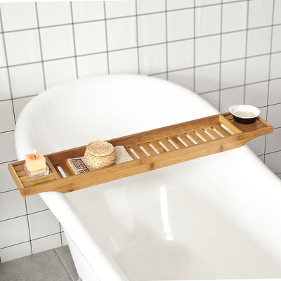 SoBuy FRG212-N Plateau de Baignoire Extra Long et Verni avec Support Verre à Vin et Bougie, Design Fonctionnel, Usage Quotidien, Pratique – Bambou, Naturel