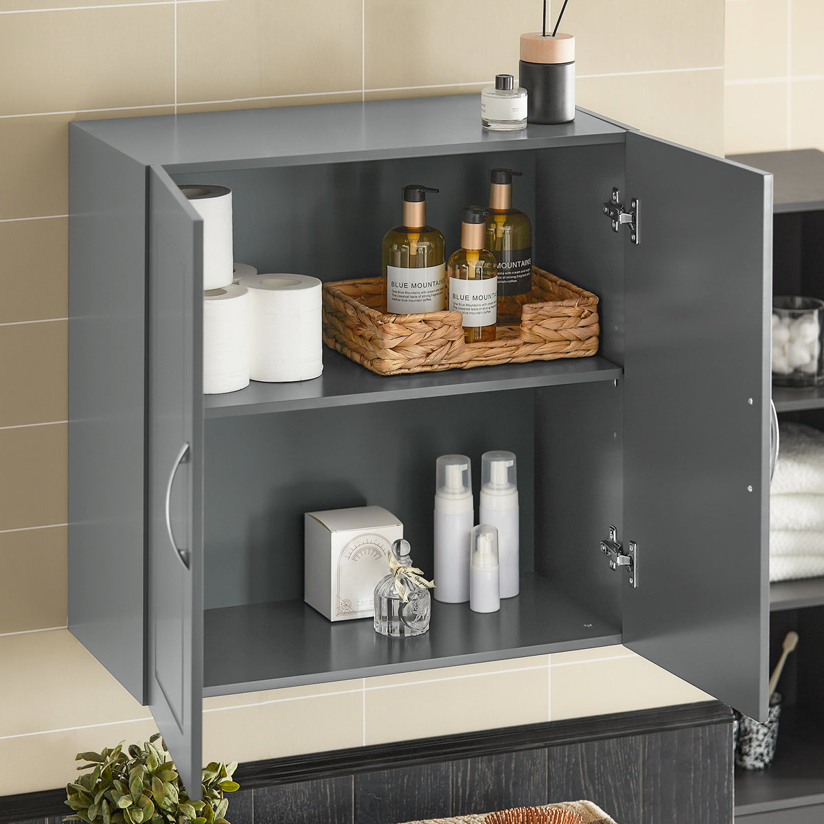 SoBuy FRG231-DG Meuble Haut Salle de Bain Suspendu Armoire Murale avec Étagère Réglable et Porte Rangement Mural Compact pour Salle de Bain, WC ou Cuisine Gris 60x30x60 cm