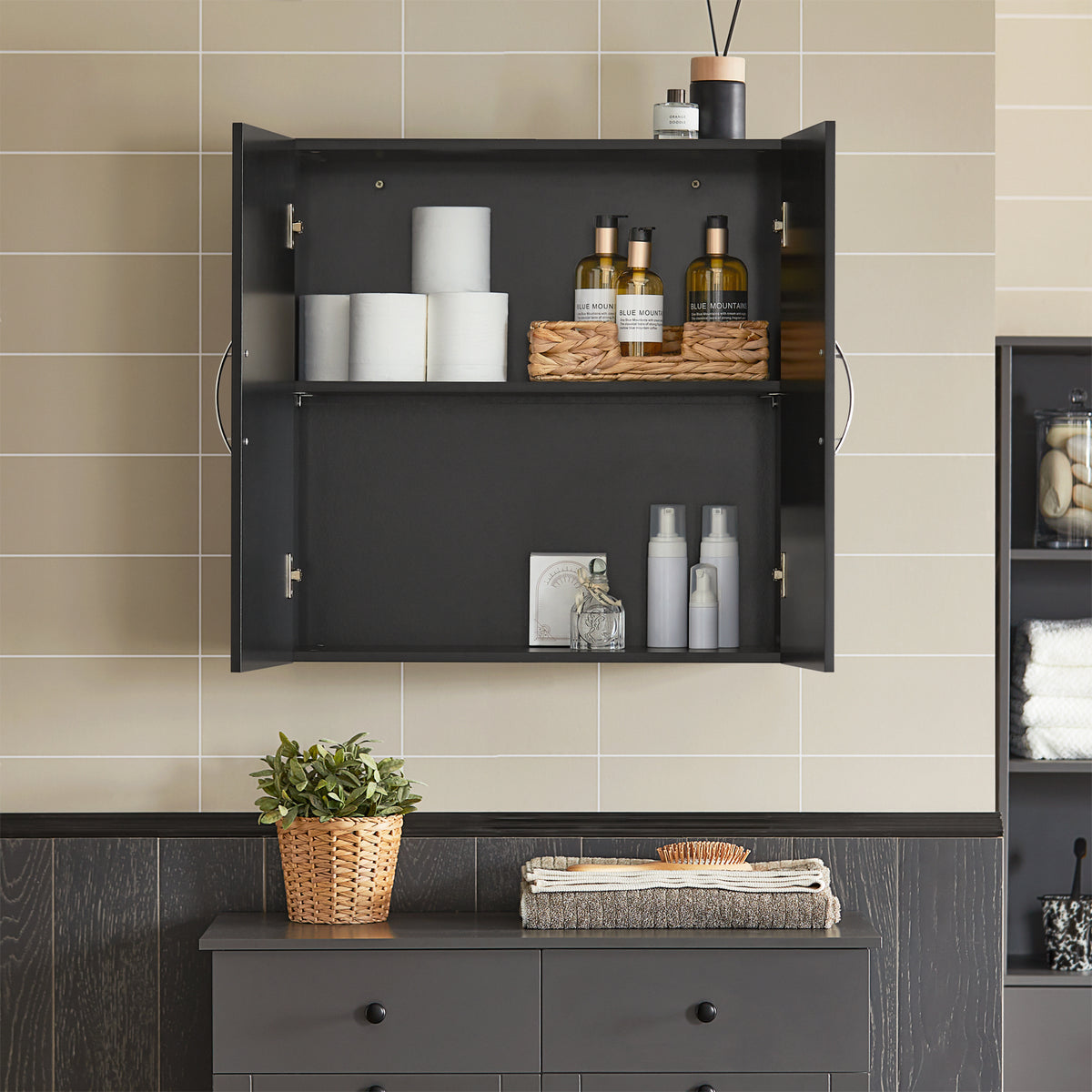 SoBuy FRG231-SCH Meuble Haut Salle de Bain Suspendu Armoire Murale avec Étagère Réglable et Porte Rangement Mural Compact pour Salle de Bain, WC ou Cuisine Noir L60xP30xH60 cm