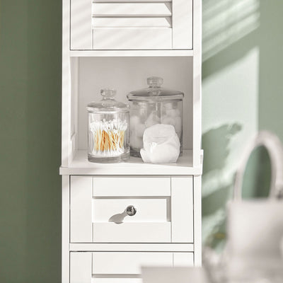 SoBuy FRG236-W Colonne de Salle de Bain – 32 cm, 2 Portes Persiennes, Tiroir et Niche, Blanc