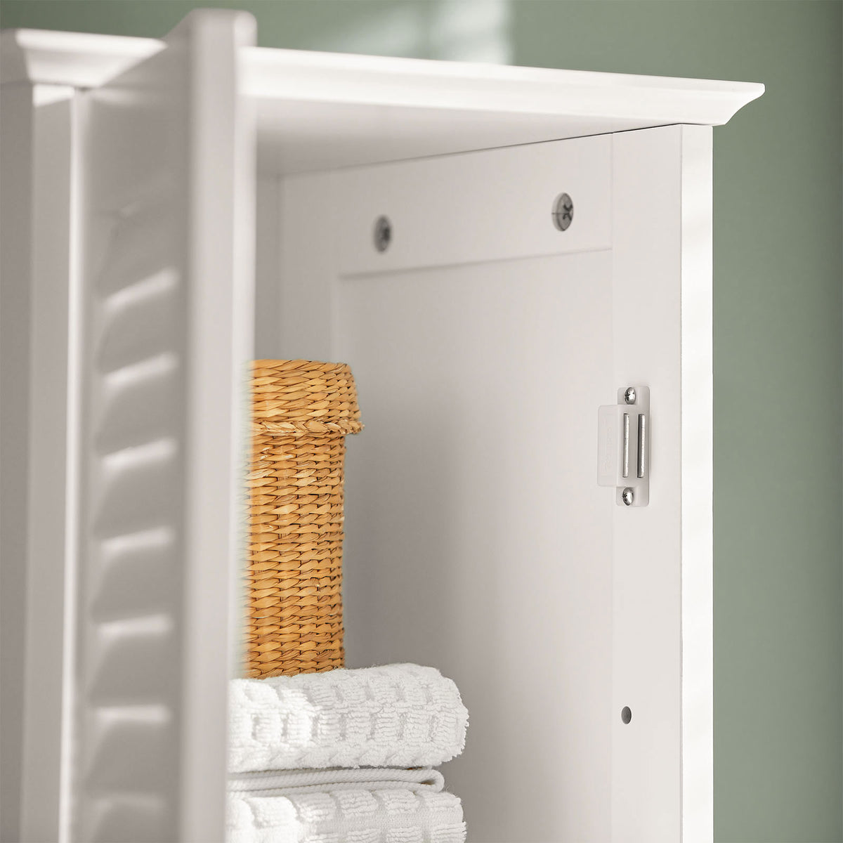 SoBuy FRG236-W Colonne de Salle de Bain – 32 cm, 2 Portes Persiennes, Tiroir et Niche, Blanc