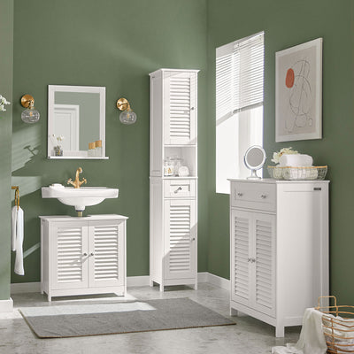 SoBuy FRG236-W Colonne de Salle de Bain – 32 cm, 2 Portes Persiennes, Tiroir et Niche, Blanc