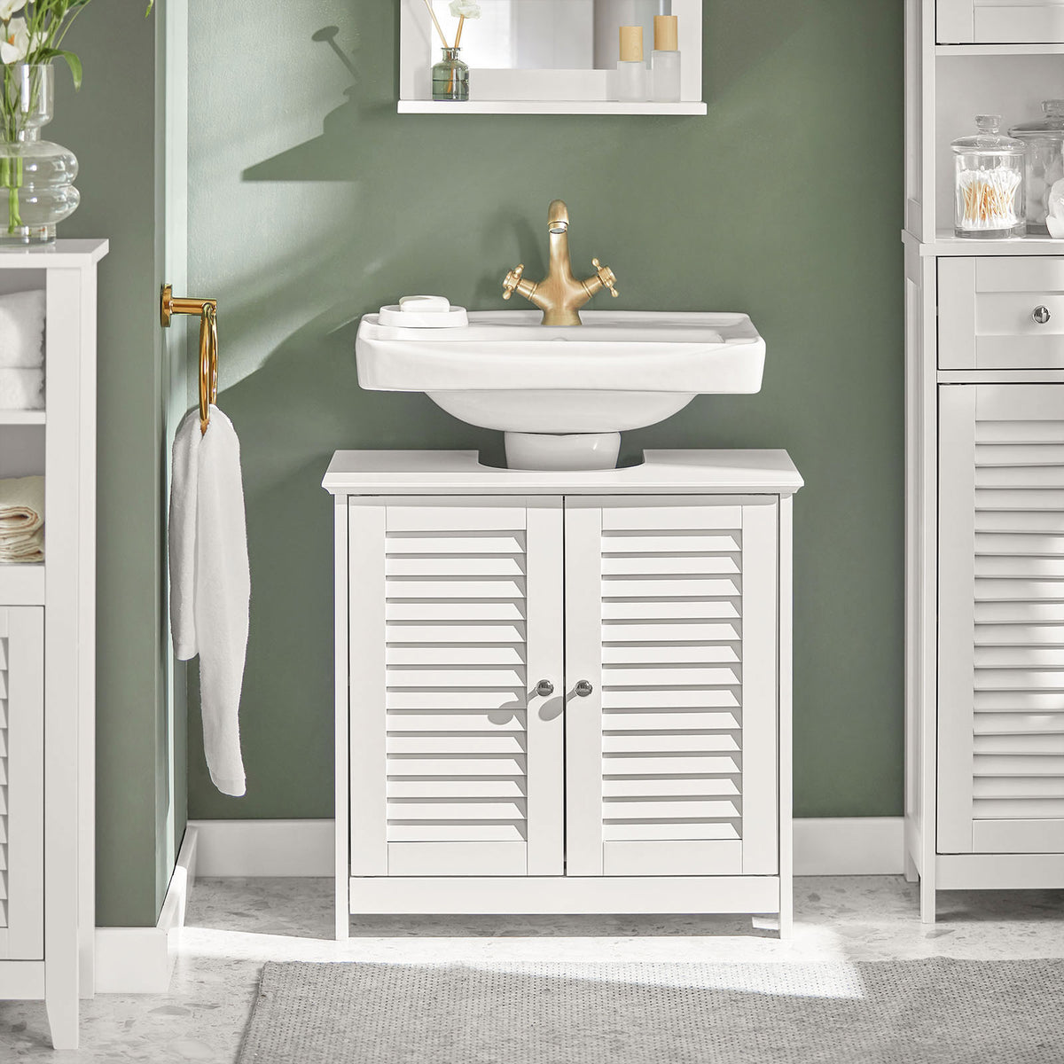 SoBuy FRG237-II-W Meuble Sous Vasque 60 cm avec Porte à Lamelles – Étagère Réglable, Blanc