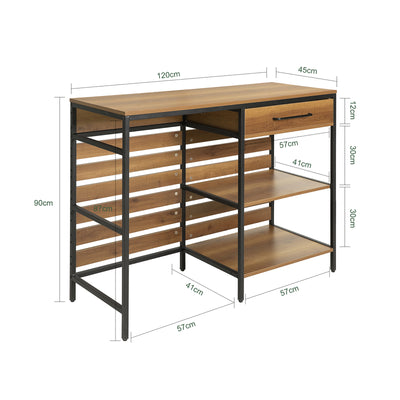 SoBuy FSB71-PF Îlot de Cuisine 120 × 45 × 90 cm, Tiroir, 2 Étagères et Espace Ouvert – Effet Bois et Métal Noir