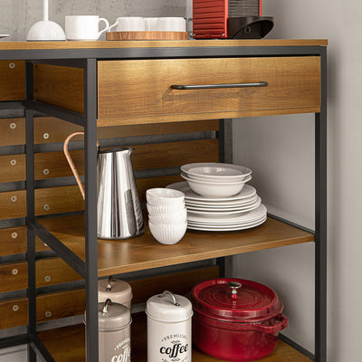 SoBuy FSB71-PF Îlot de Cuisine 120 × 45 × 90 cm, Tiroir, 2 Étagères et Espace Ouvert – Effet Bois et Métal Noir