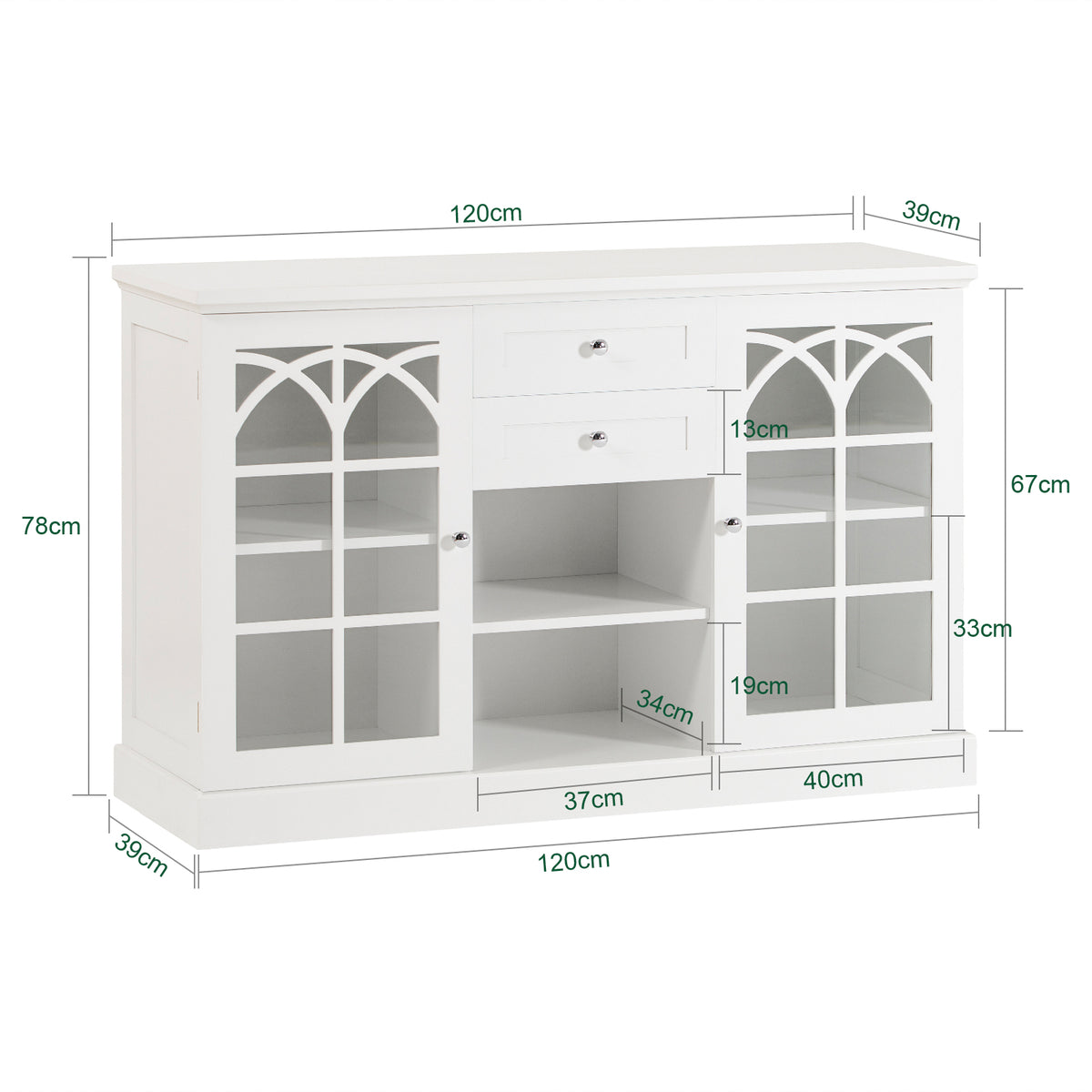 SoBuy FSB79-W Buffet Cuisine avec 2 Portes Vitrées, 2 Tiroirs et 2 Compartiments, pour Cuisine et Salle à Manger, Rangement Optimisé – L120×P39×H78 cm, Blanc