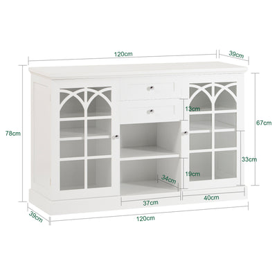 SoBuy FSB79-W Buffet Cuisine avec 2 Portes Vitrées, 2 Tiroirs et 2 Compartiments, pour Cuisine et Salle à Manger, Rangement Optimisé – L120×P39×H78 cm, Blanc