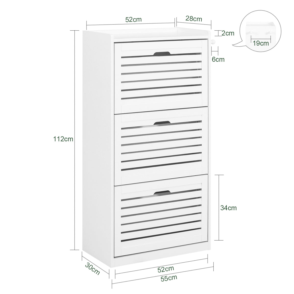 SoBuy FSR108-W Armoire à Chaussures 3 Abattants avec 2 Crochets et Porte-Manteau – 55×30×112 cm, 45 kg, MDF + Bambou, Blanc