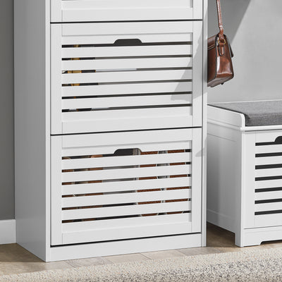 SoBuy FSR108-W Armoire à Chaussures 3 Abattants avec 2 Crochets et Porte-Manteau – 55×30×112 cm, 45 kg, MDF + Bambou, Blanc