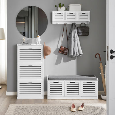 SoBuy FSR108-W Armoire à Chaussures 3 Abattants avec 2 Crochets et Porte-Manteau – 55×30×112 cm, 45 kg, MDF + Bambou, Blanc