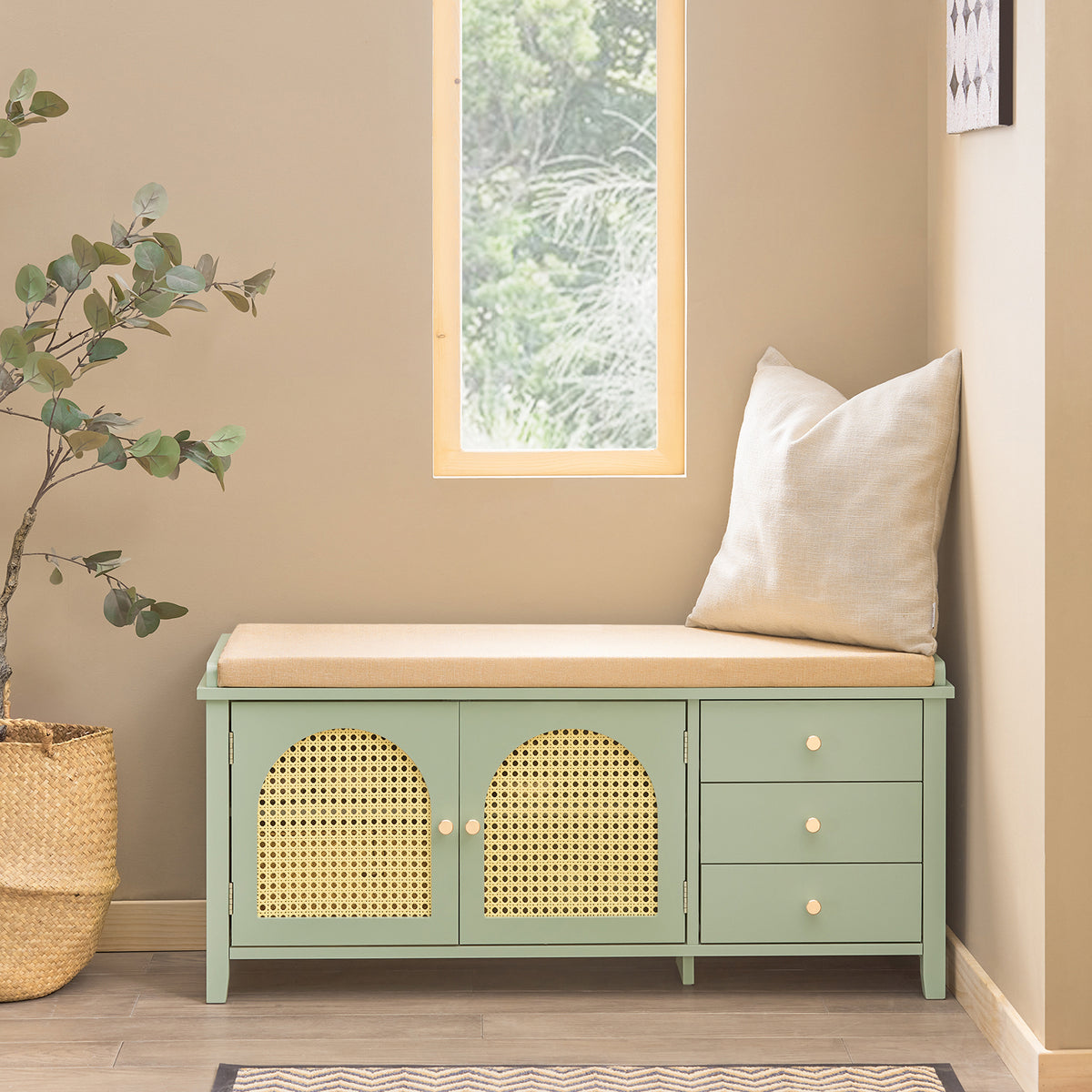 SoBuy FSR129-GR Banc à Chaussures avec Coussin Rembourré, 3 Tiroirs et 2 Portes Grille Ventilées – L100×P34×H46 cm, Charge 150 kg, MDF E1, Vert