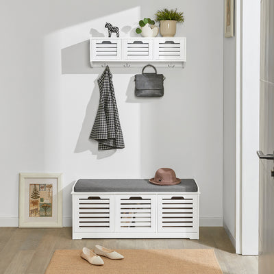 SoBuy FSR23-W Banc à Chaussures avec Coussin Rembourré et 3 Paniers de Rangement pour Entrée – 105x35x43 cm, Blanc