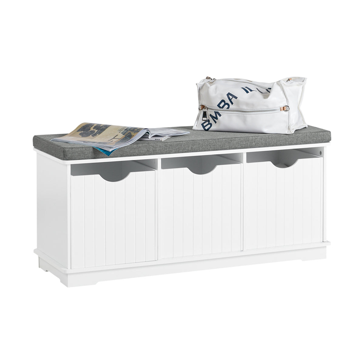 SoBuy FSR30-W Banc à Chaussures avec Coussin Rembourré et 3 Cubes de Rangement pour Entrée – 100x36x46 cm, Blanc