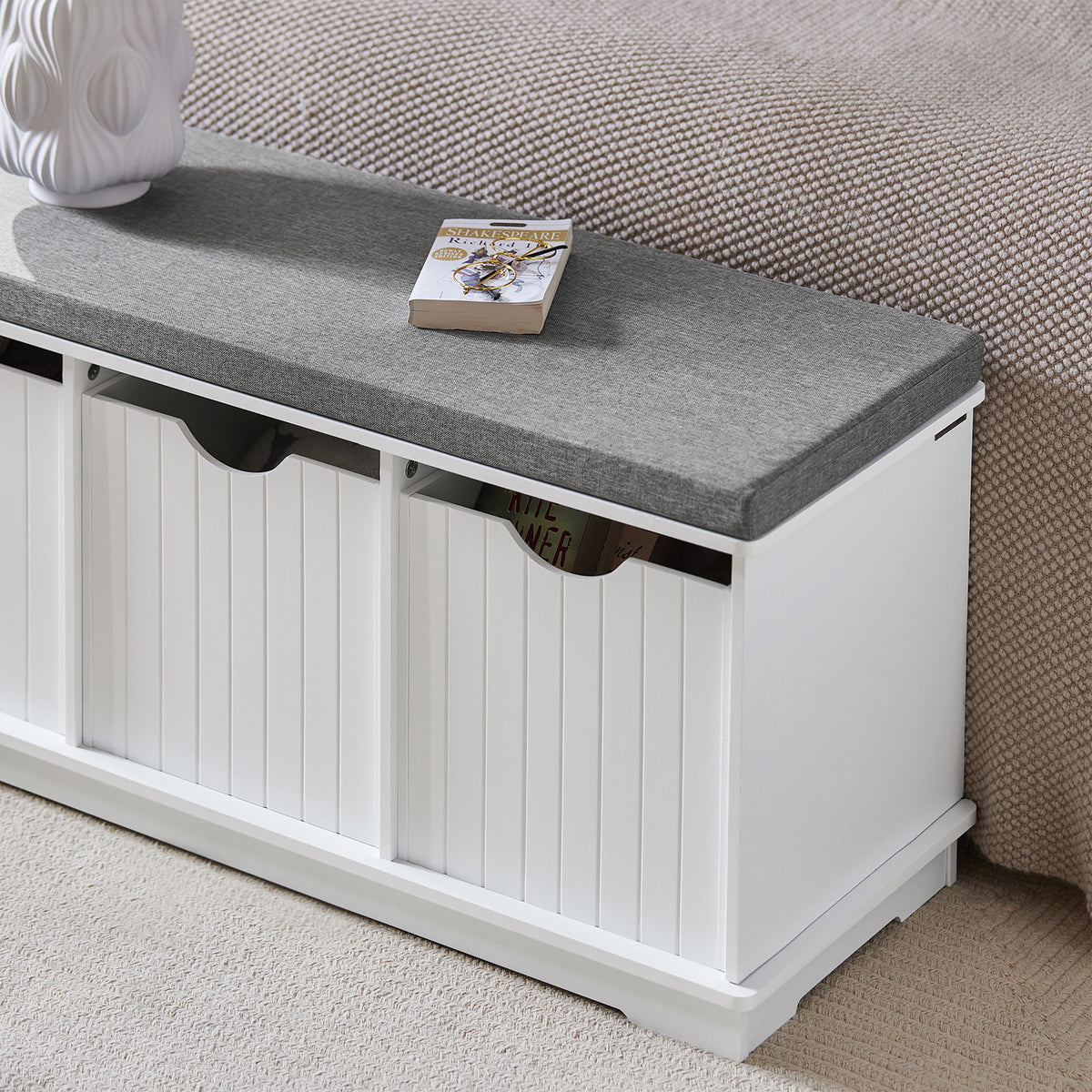 SoBuy FSR30-W Banc à Chaussures avec Coussin Rembourré et 3 Cubes de Rangement pour Entrée – 100x36x46 cm, Blanc