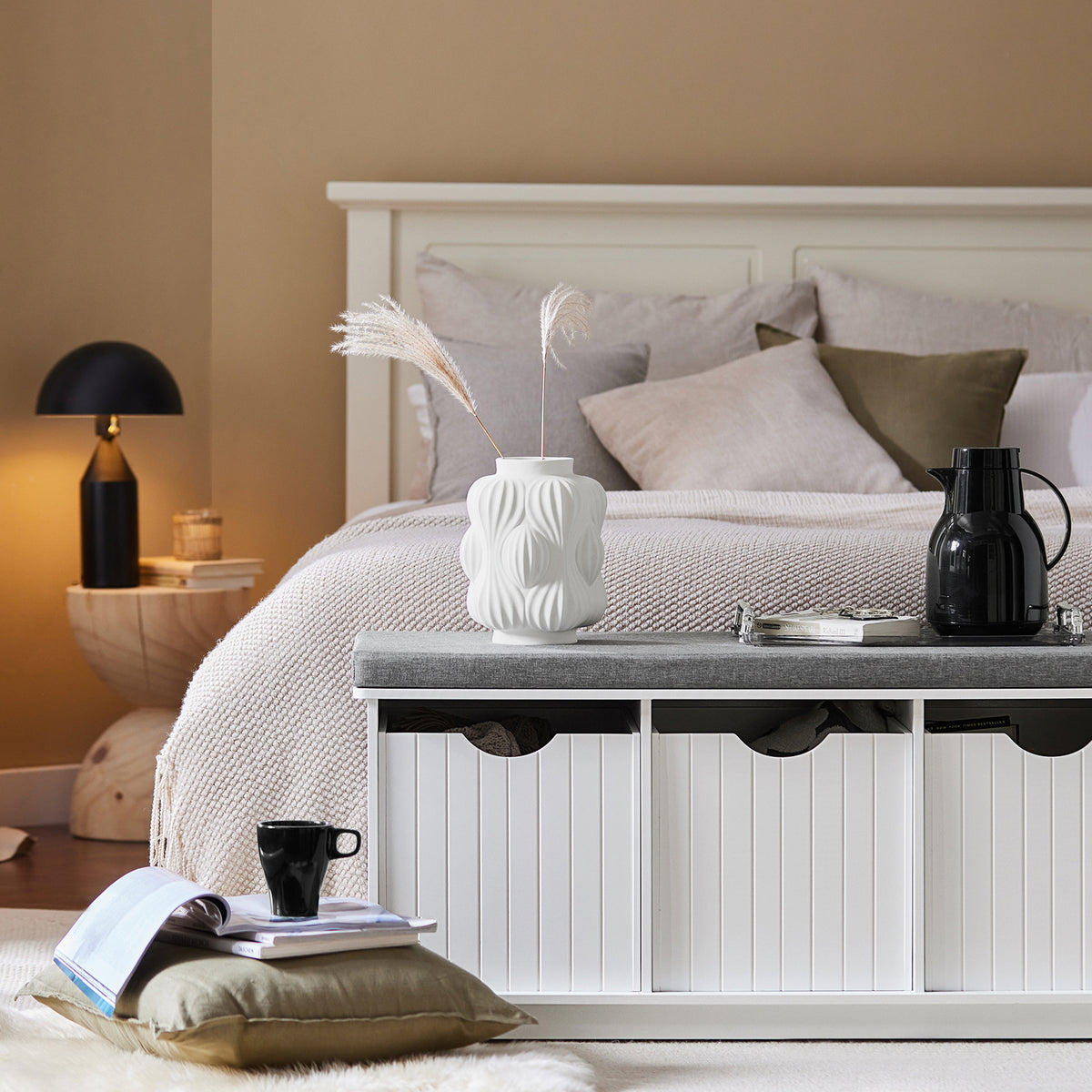 SoBuy FSR30-W Banc à Chaussures avec Coussin Rembourré et 3 Cubes de Rangement pour Entrée – 100x36x46 cm, Blanc