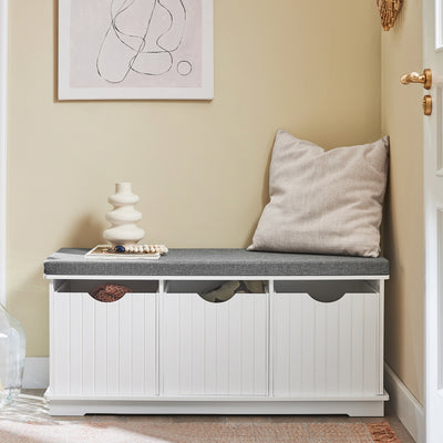 SoBuy FSR30-W Banc à Chaussures avec Coussin Rembourré et 3 Cubes de Rangement pour Entrée – 100x36x46 cm, Blanc