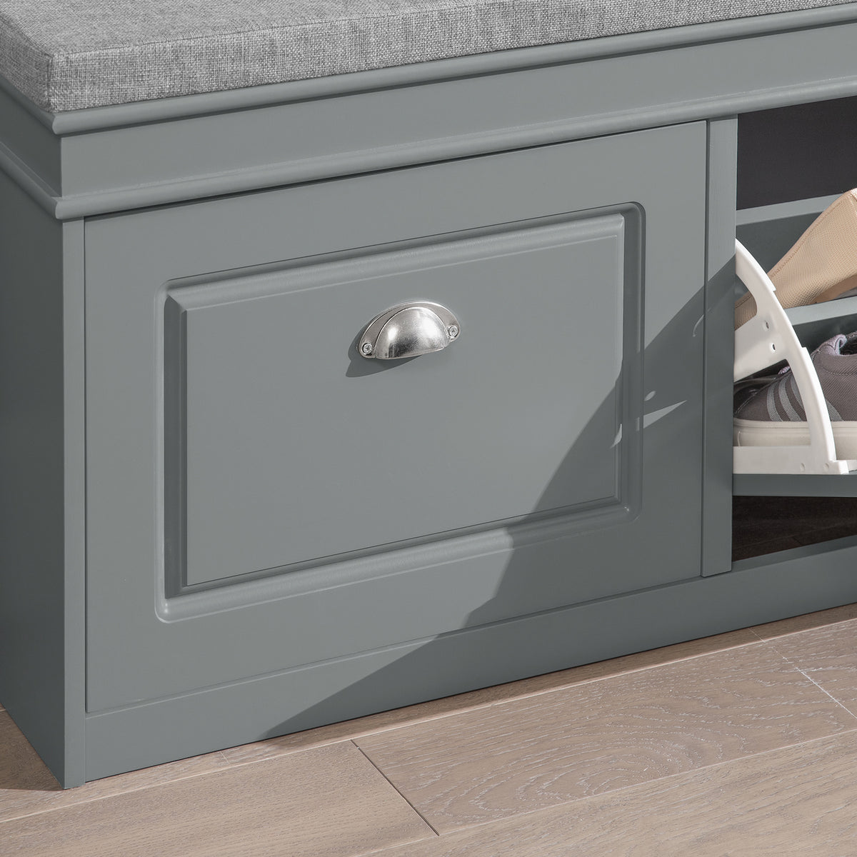 SoBuy FSR64-HG Banc à Chaussures 104 cm avec Coussin Déhoussable et 2 Abattants – Charge 150 kg – Bois FSC – Gris