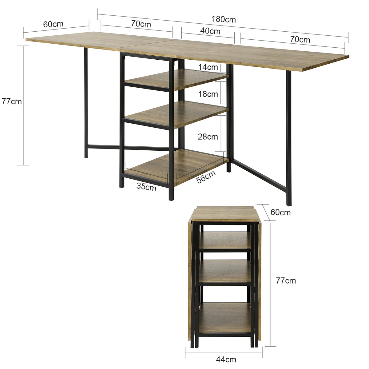 SoBuy FWT62-N Table Pliante avec 2 Abattants et 3 Étagères de Rangement, Table de Cuisine Salle à Manger Pliable, Économie d'espace, 180 x 60 x 77cm