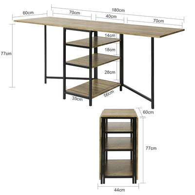 SoBuy FWT62-N Table Pliante avec 2 Abattants et 3 Étagères de Rangement, Table de Cuisine Salle à Manger Pliable, Économie d'espace, 180 x 60 x 77cm