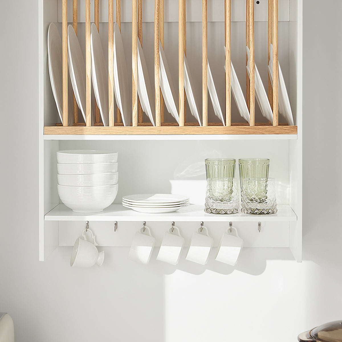 SoBuy KCR09-W Porte-Assiettes Mural avec Étagère et 7 Crochets – 11 Assiettes Ø35 cm, 64×24×71 cm, 10 kg, Blanc